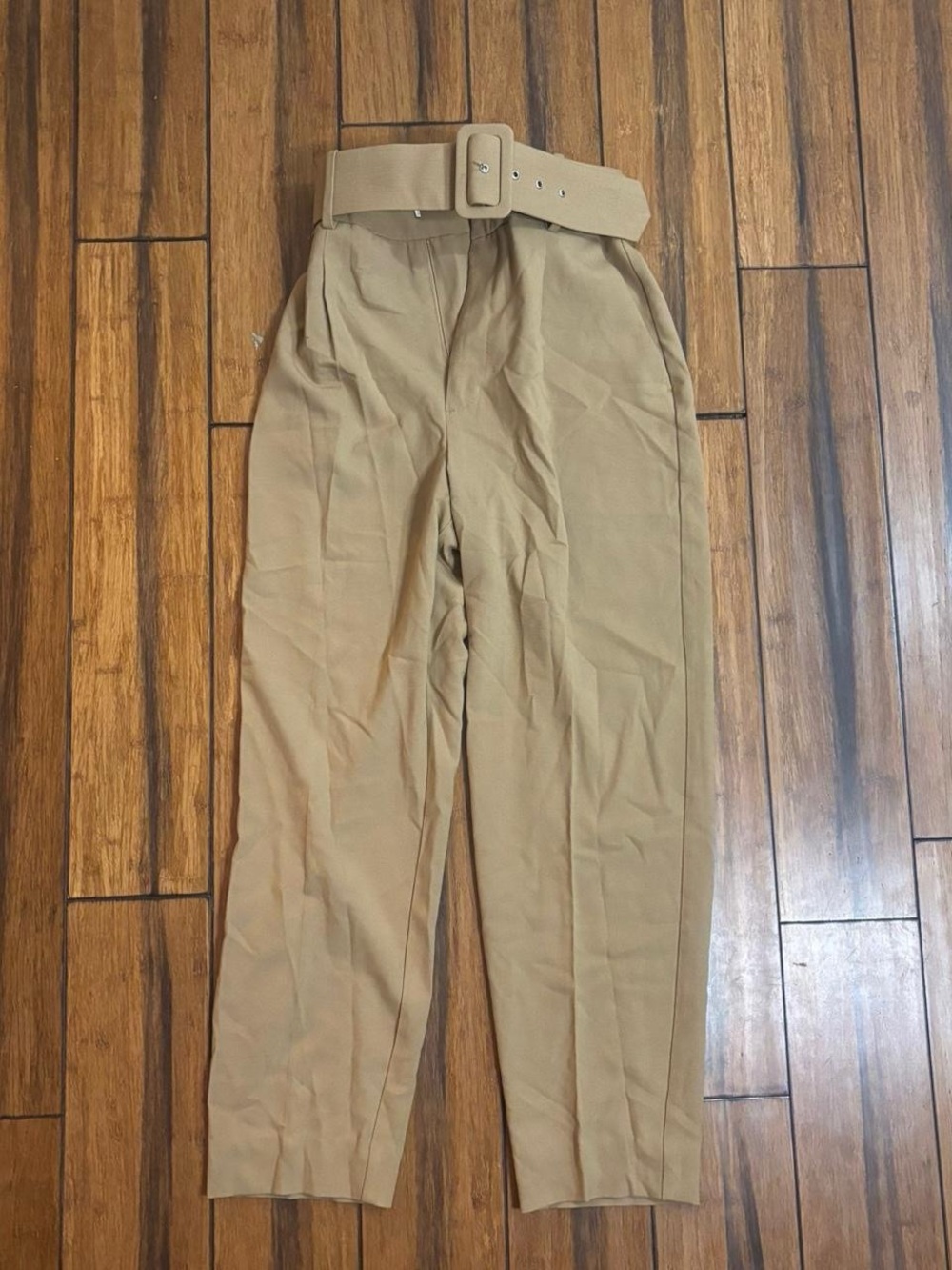 tan high-waisted straight leg pants with belt - zara